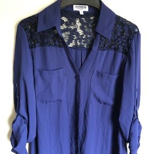 Express Portofino Slim Fit Lace-Top Blouse